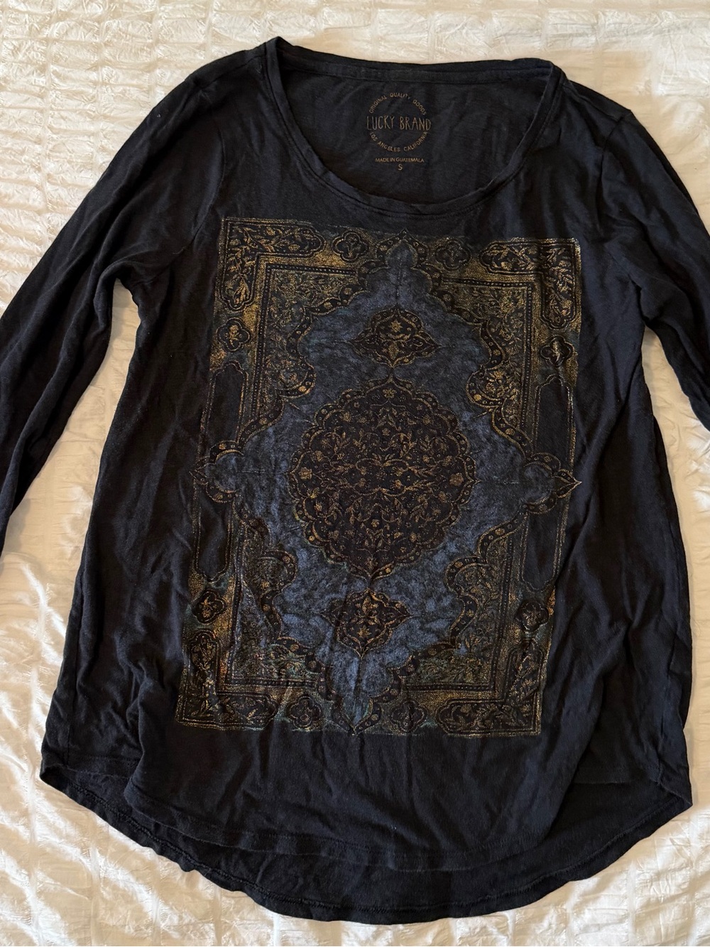 Lucky Brand Black Long Sleeve Tee with Blue and Gold Medallion